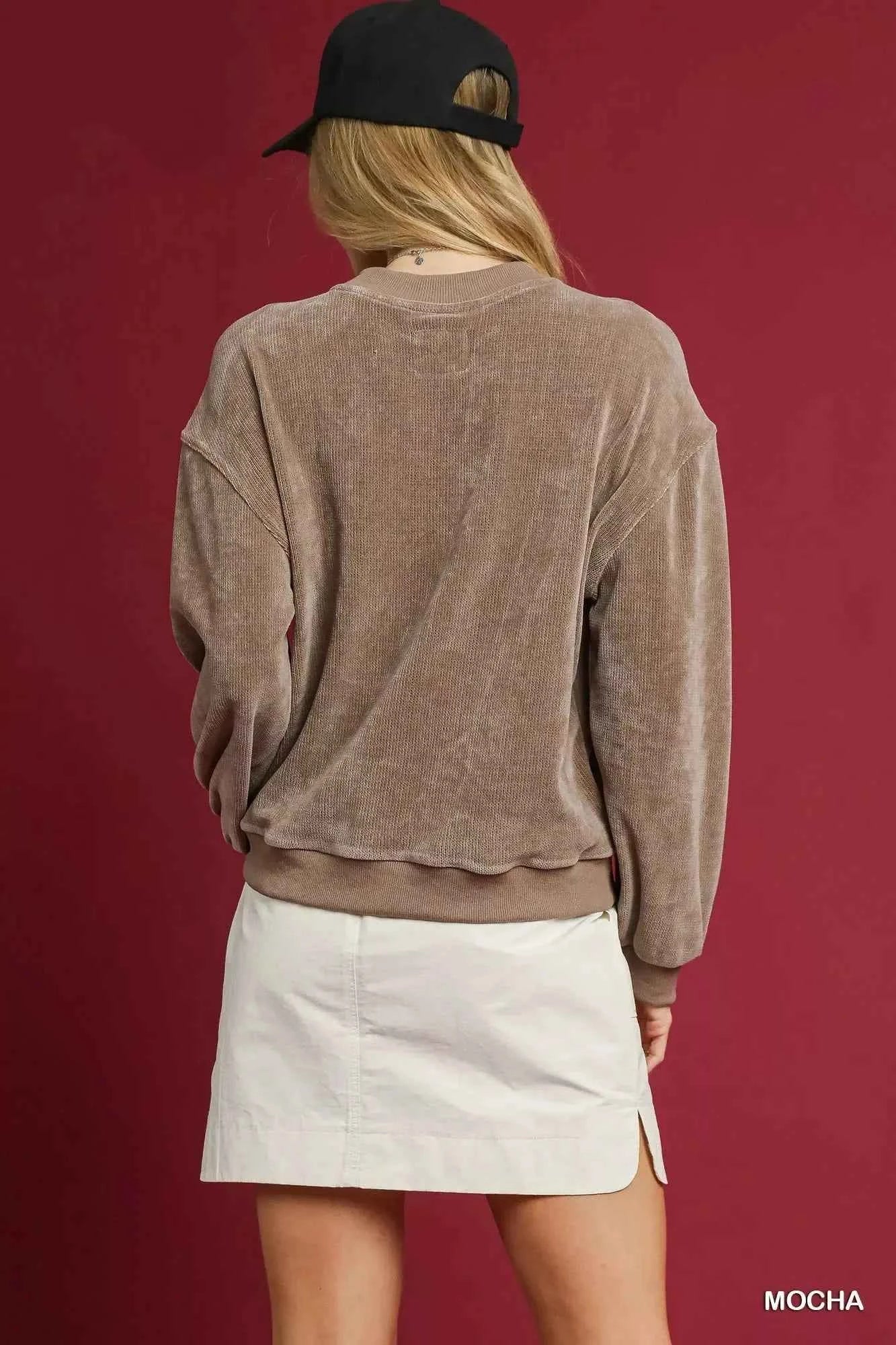 Umgee Velour Crewneck Balloon Sleeve Sweatshirt