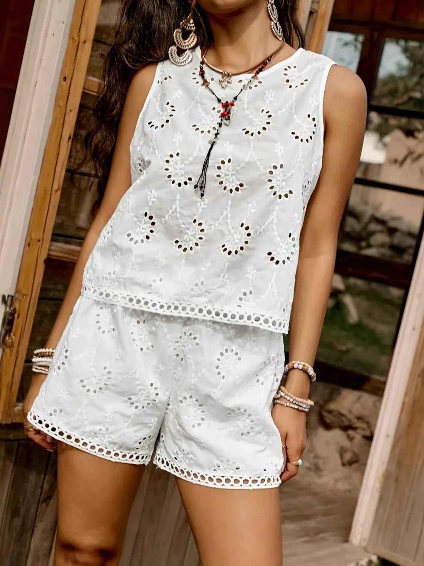 Eyelet Embroidered Tank and Shorts Set