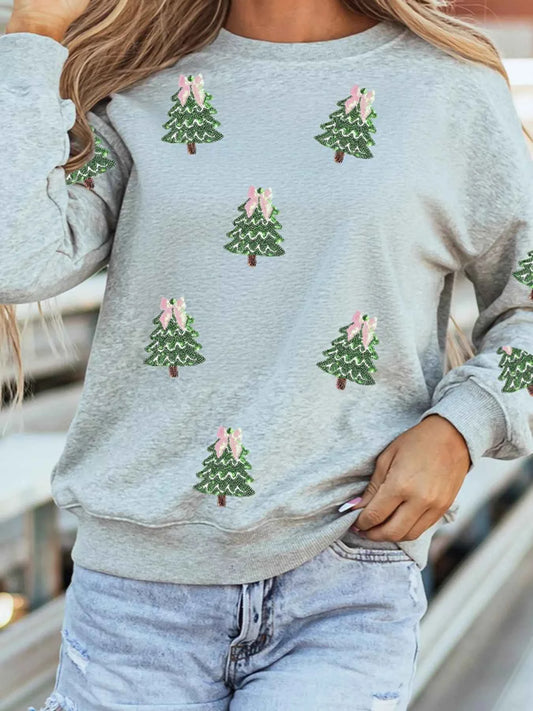 Sequined Christmas Tree Patched Patterned Holiday Pullover Sweatshirt