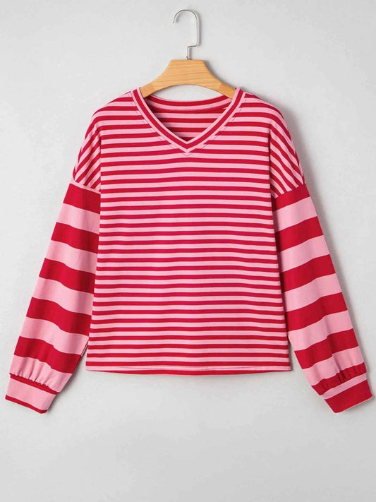 Contrast Striped Drop Shoulder V Neck Top