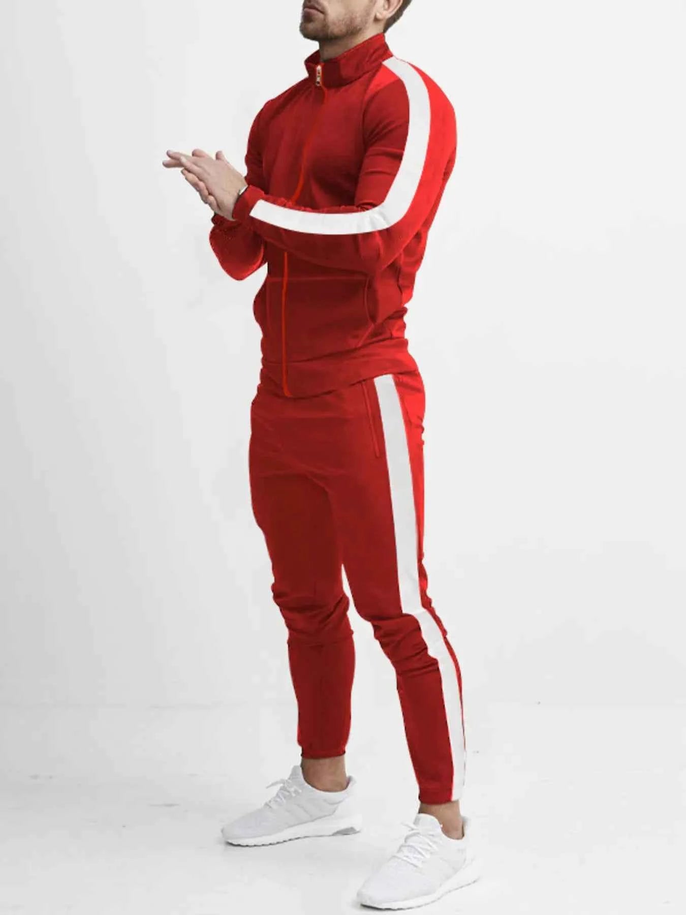 Men's Full Size Side Stripes Zip Up Top and Pants Set Plus Size