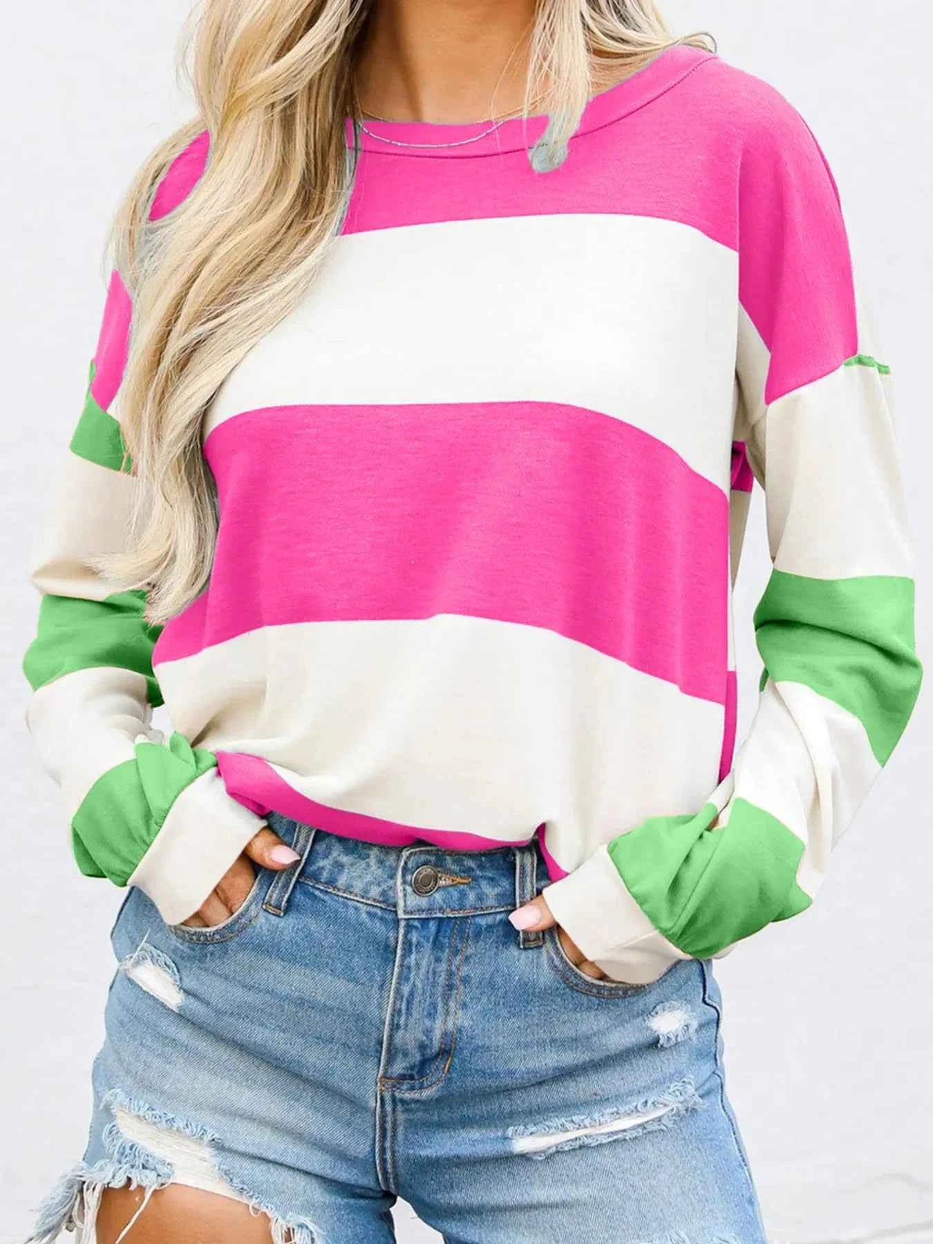 Color Block Drop Shoulder Long Sleeve Top