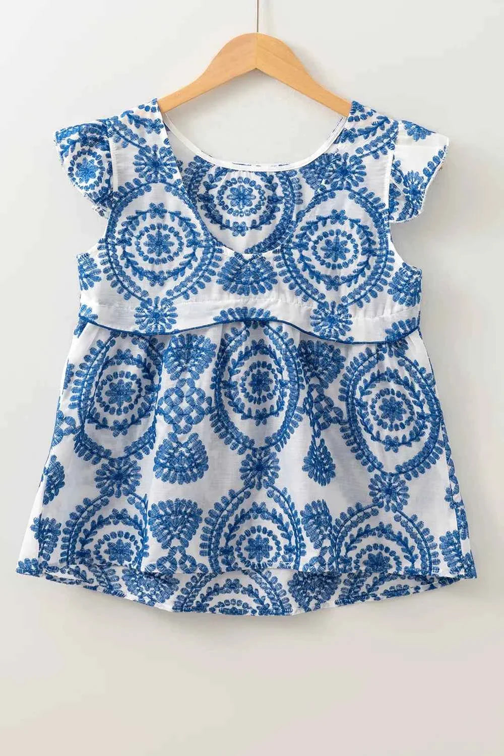 Boho Print Ruffled Cap Sleeve Crew Neck Blouse