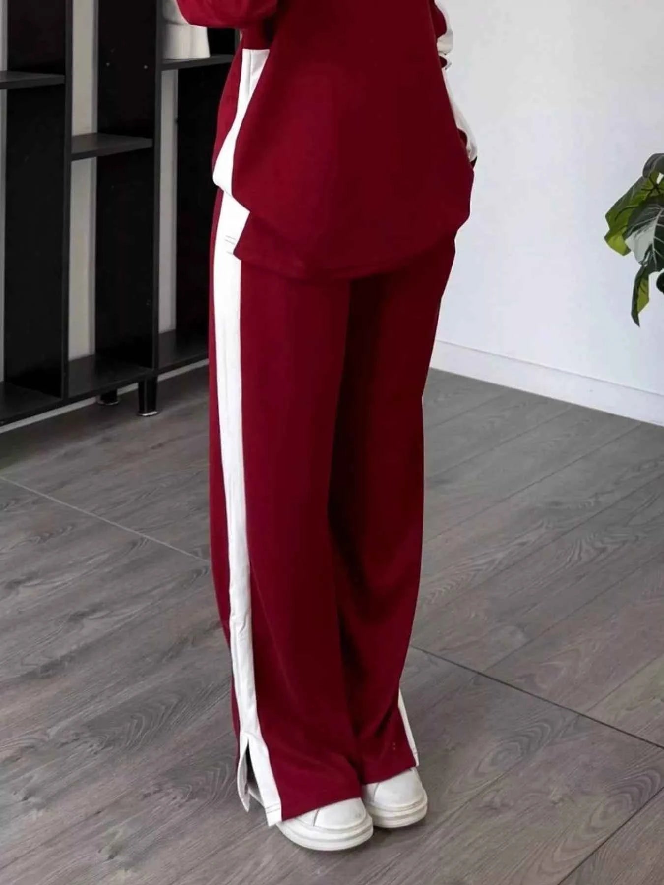 Full Size Contrast Round Neck Top and Pants Set Plus Size