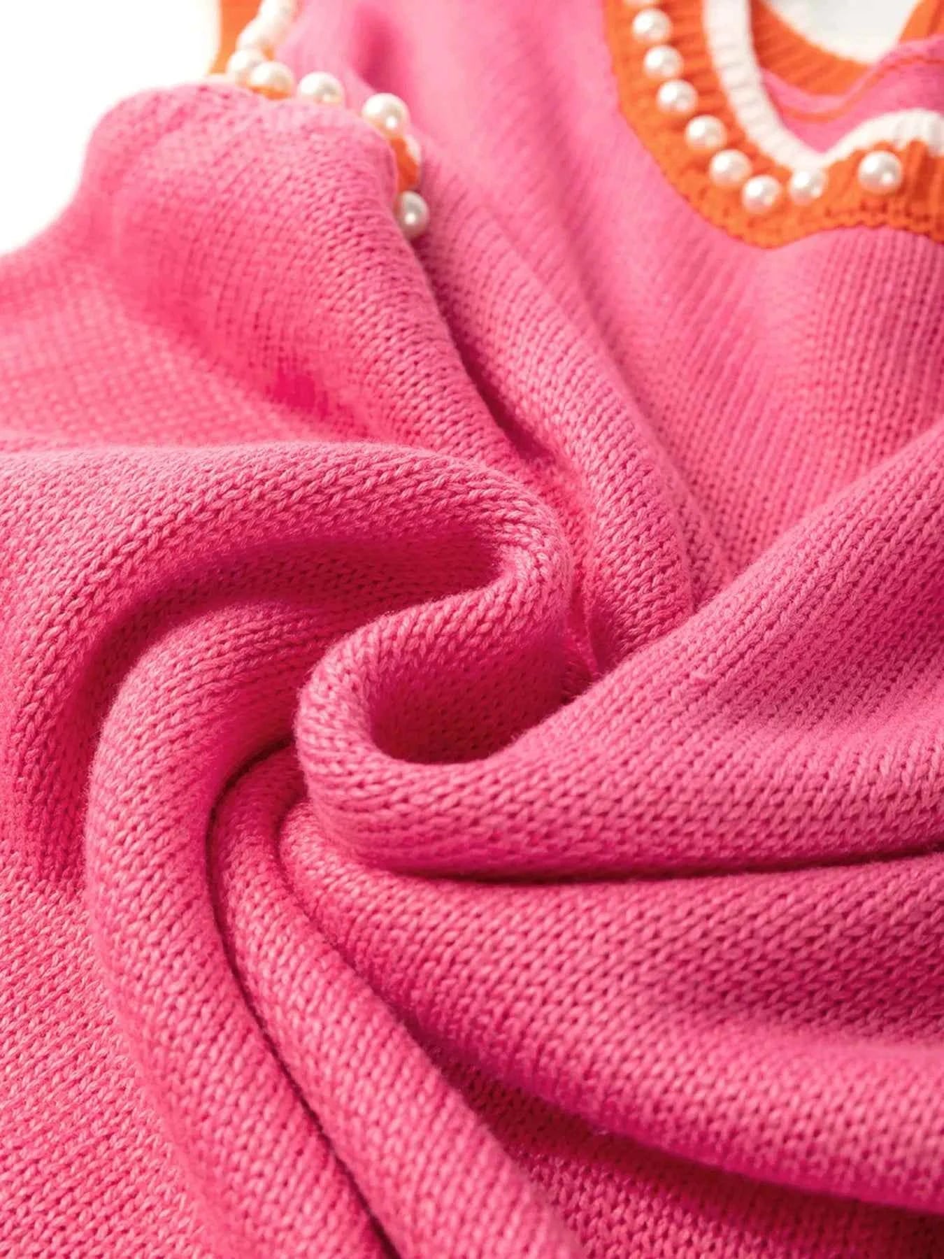 Contrast Trim Pearl Detail Sweater Tank Top