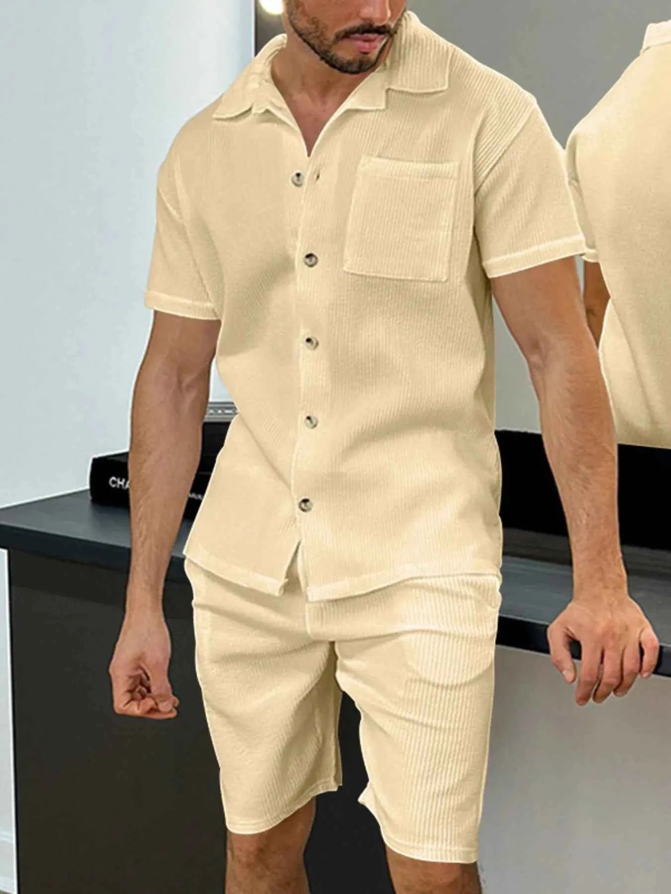 Men's Full Size Button Up Top and Shorts Set Plus Size