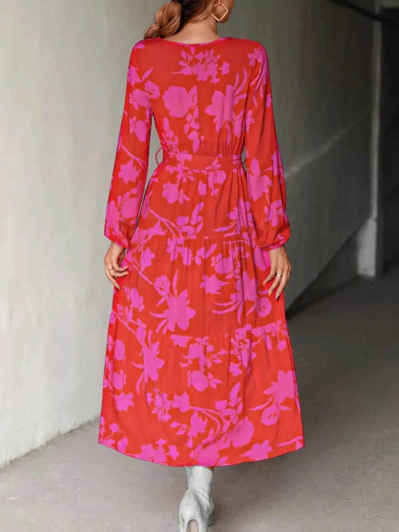 Printed V-Neck Balloon Sleeve Dress