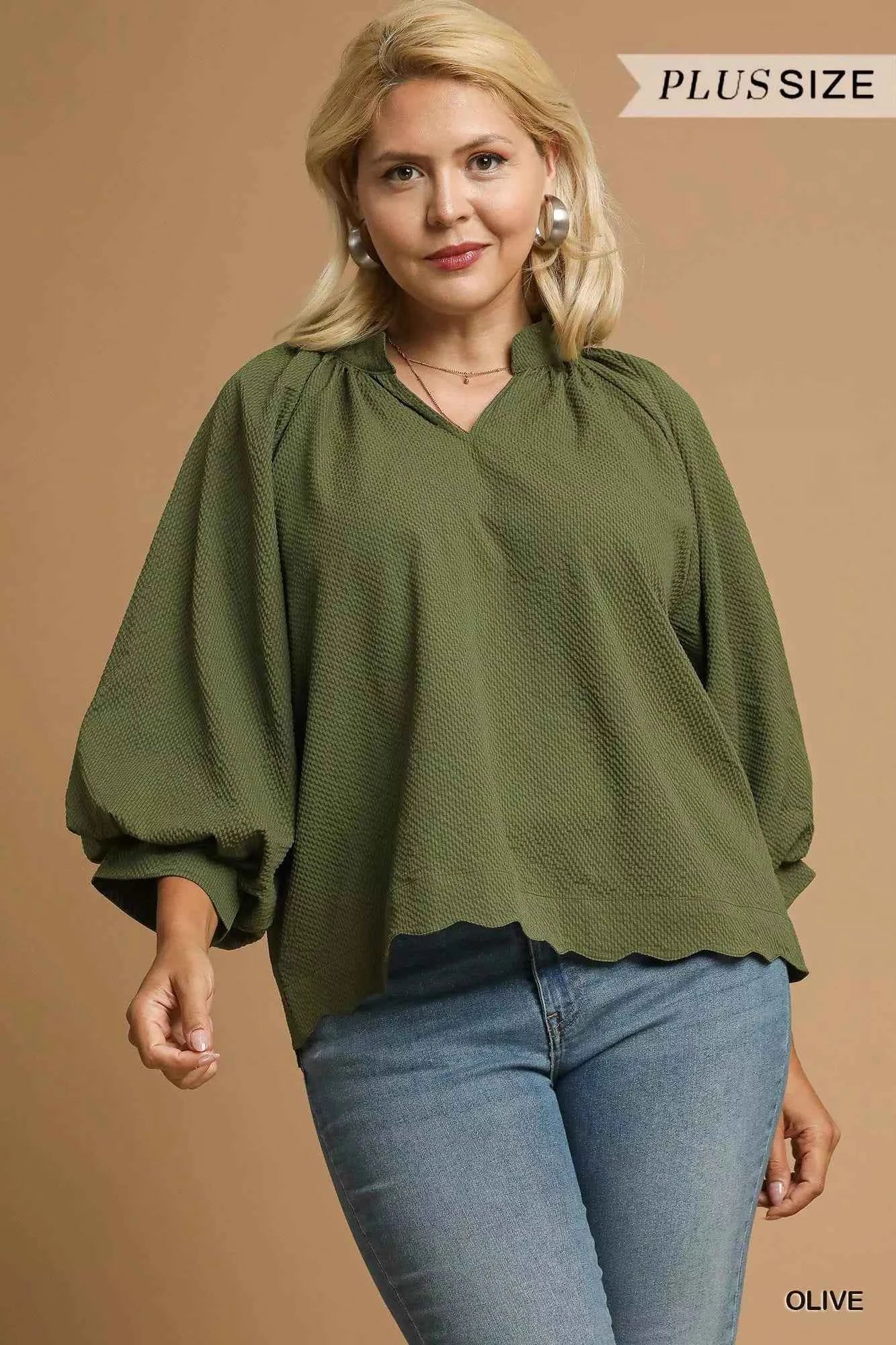 Umgee Full Size Textured Notched Balloon Sleeve Blouse Plus Size