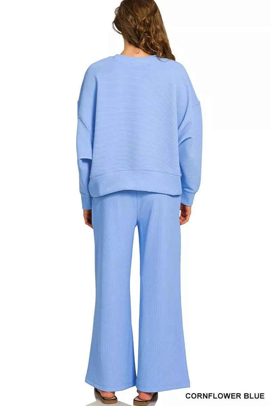 Zenana Ribbed Round Neck Pullover and Drawstring Pants Set