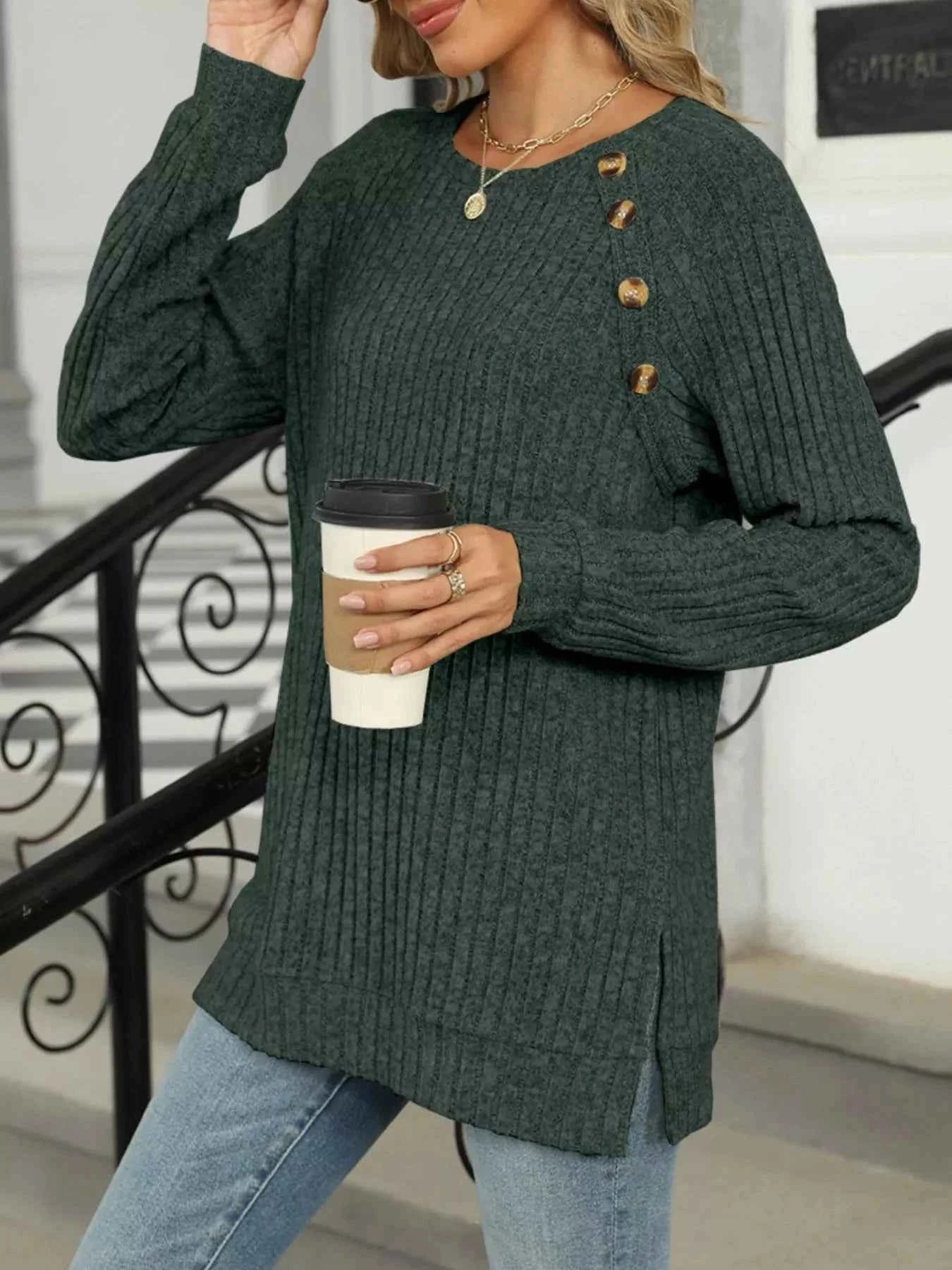 Round Neck Side Slit Ribbed Knit Top with Asymmetric Button Detail