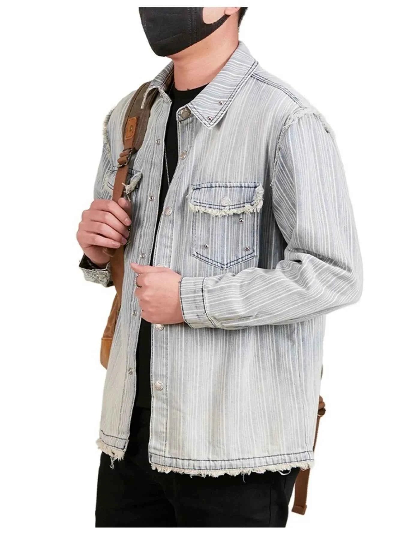 Men's Plus Size Washed Striped Denim Shirt