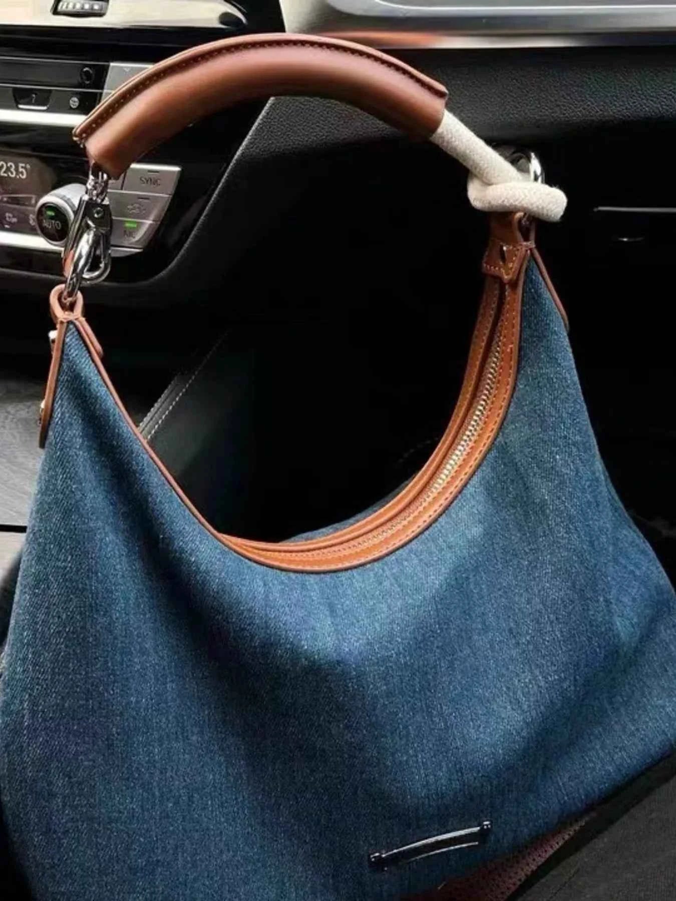 Denim Shoulder Bag with Leather Handle