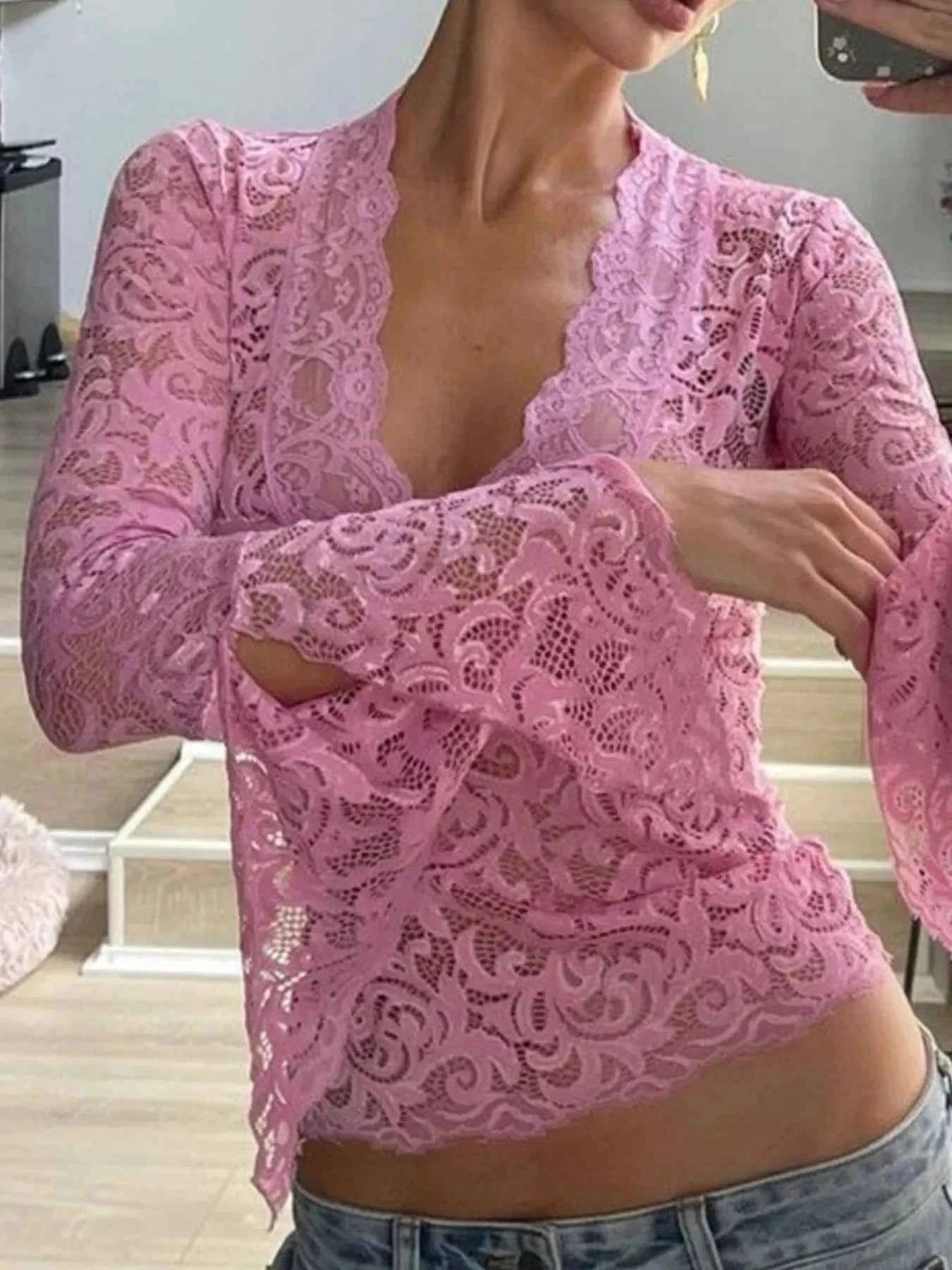 Lace Long Sleeve Deep V-Neck Blouse