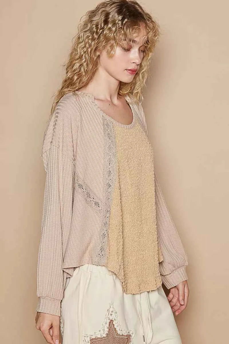 POL Round Neck Lace Detail Oversized Fit Top