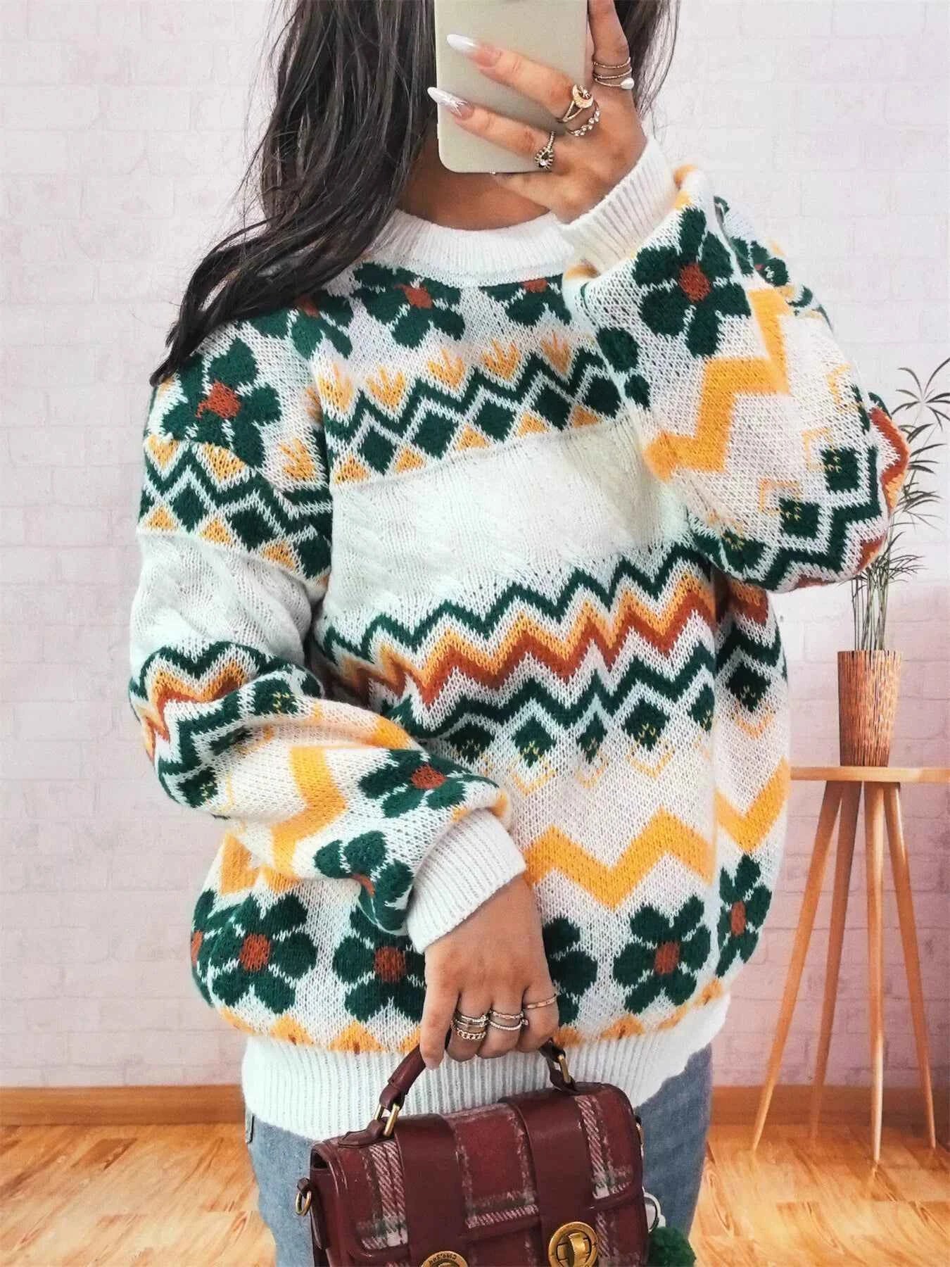 Geometric Round Neck Long Sleeve Sweater