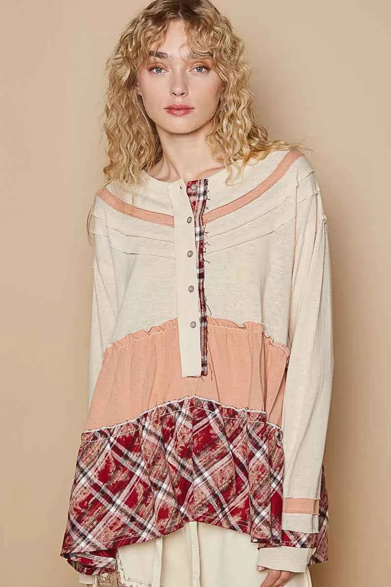 POL Round Neck Half Button Color Block Top with Merrow Edge Detail