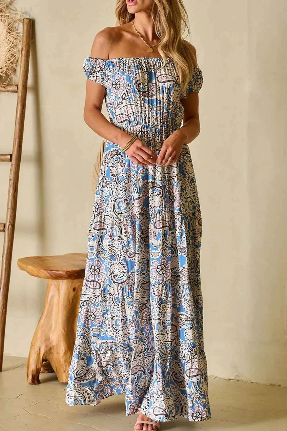 Boho Paisley Print Off Shoulder Maxi Dress
