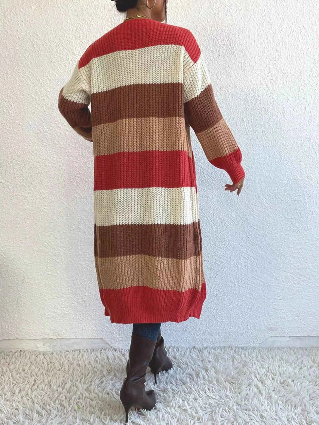 Striped Color Block Open Front Knit Cardigan