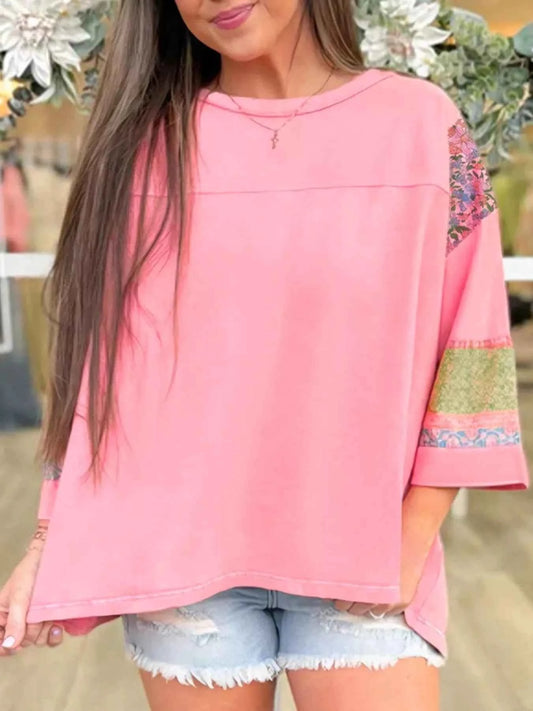 Floral Color Block Patchwork Long Sleeve Top