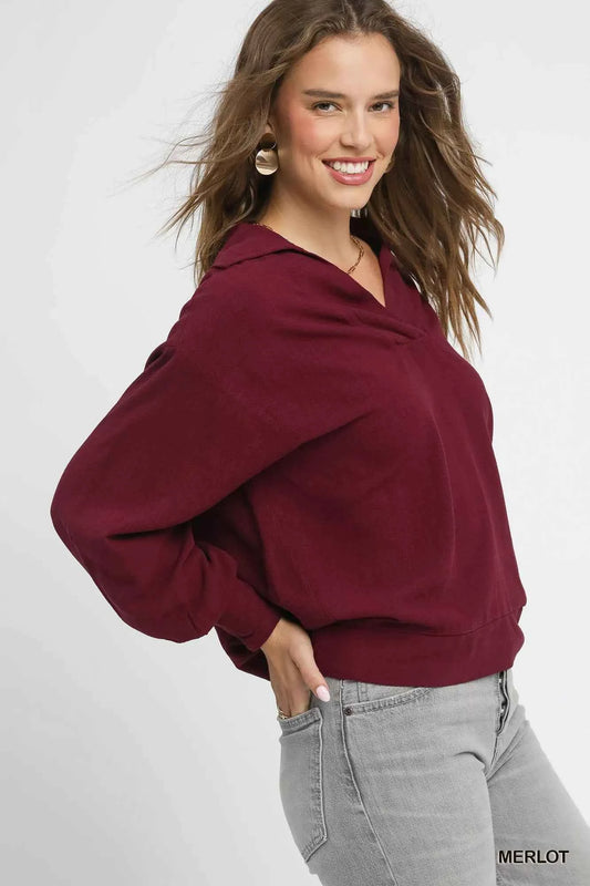 Umgee Linen Long Sleeves Elastic Hem Blouse