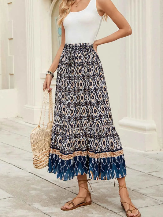Bohemian Printed Ruched Maxi Skirt