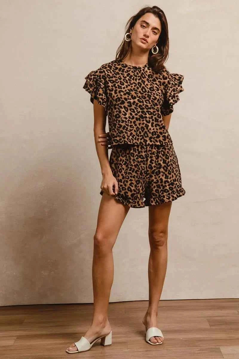 BiBi Leopard Print Waffle Texture Layered Ruffle Sleeve Top and Shorts Set