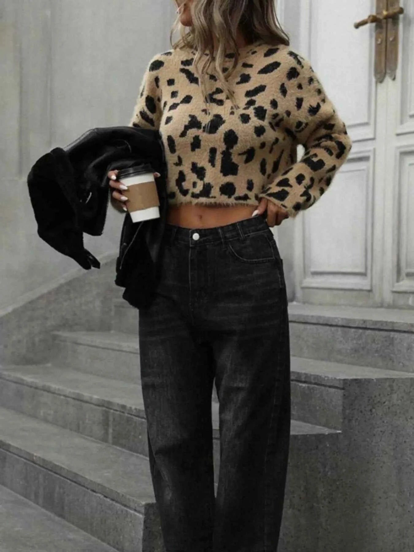 Leopard Fuzzy Knit Cropped Sweater