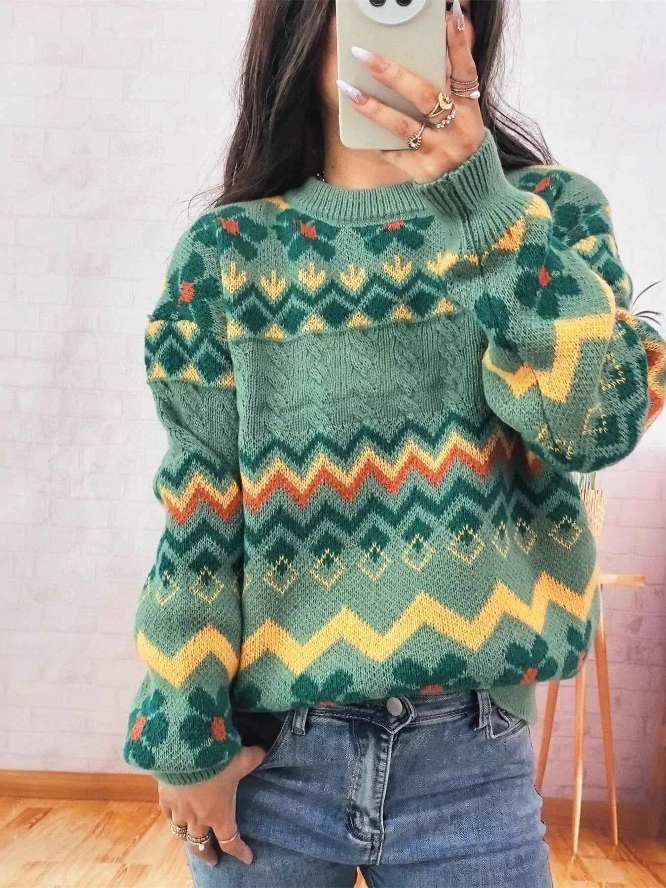 Geometric Round Neck Long Sleeve Sweater