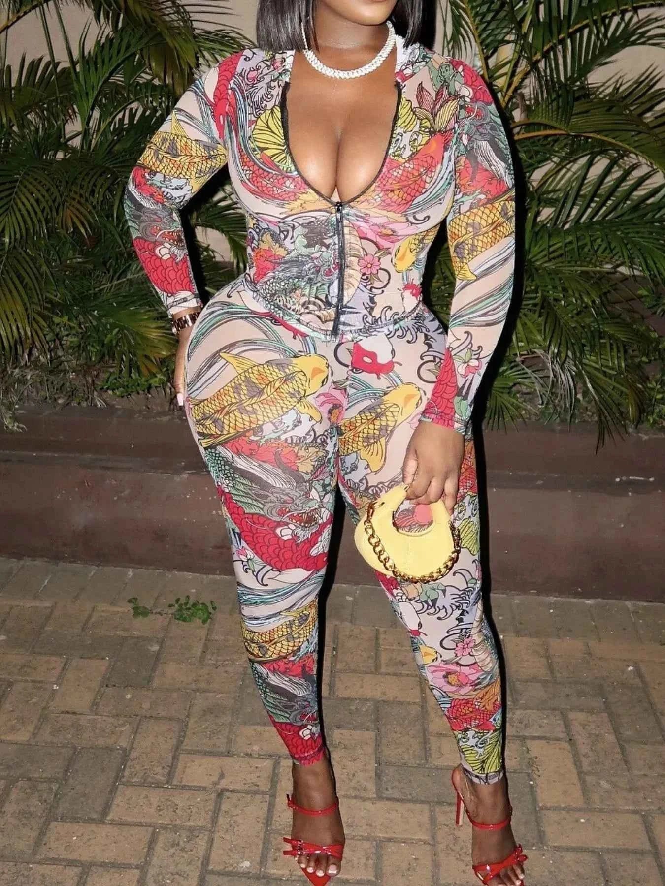 Printed Zip Up Top and Pants Set
