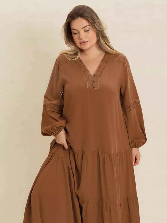 Plus Size Bohemian Tiered Maxi Dress with Balloon Sleeves