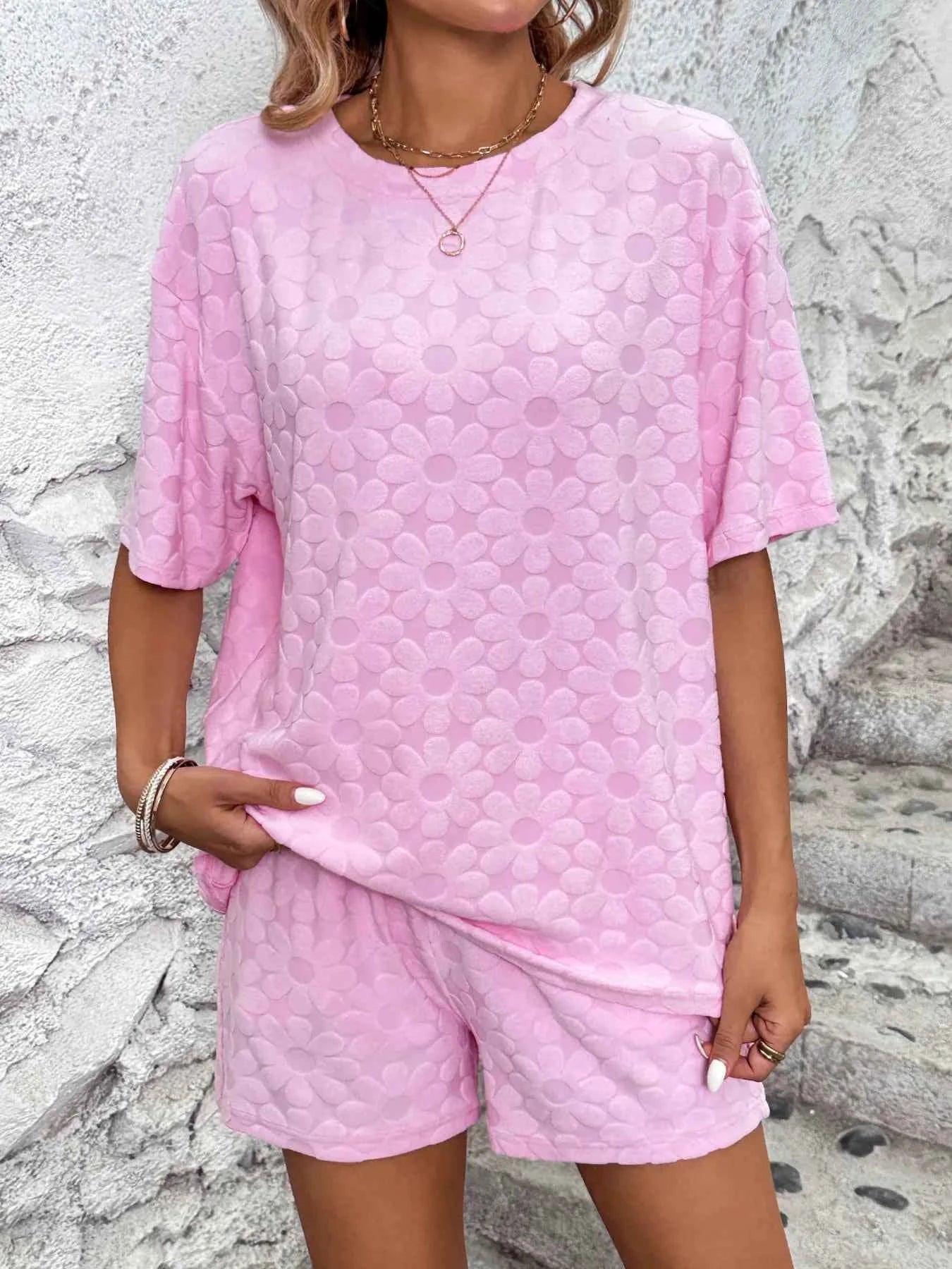 Flower Round Neck Top and Shorts Lounge Set