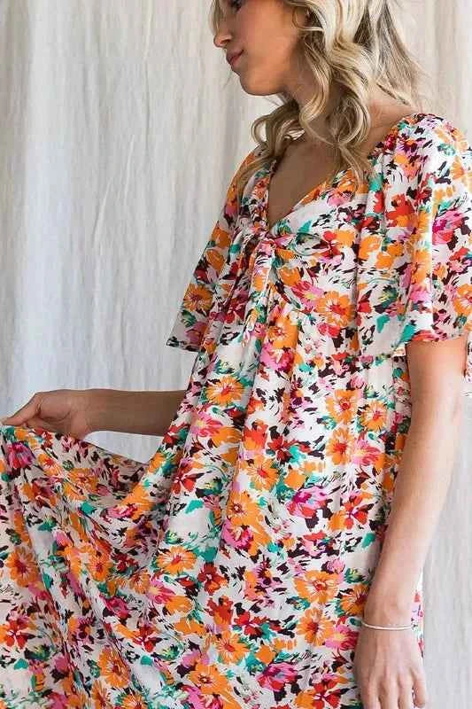 Lime 'N' Chili Floral Print Sweetheart Neck Tie Front Midi Dress