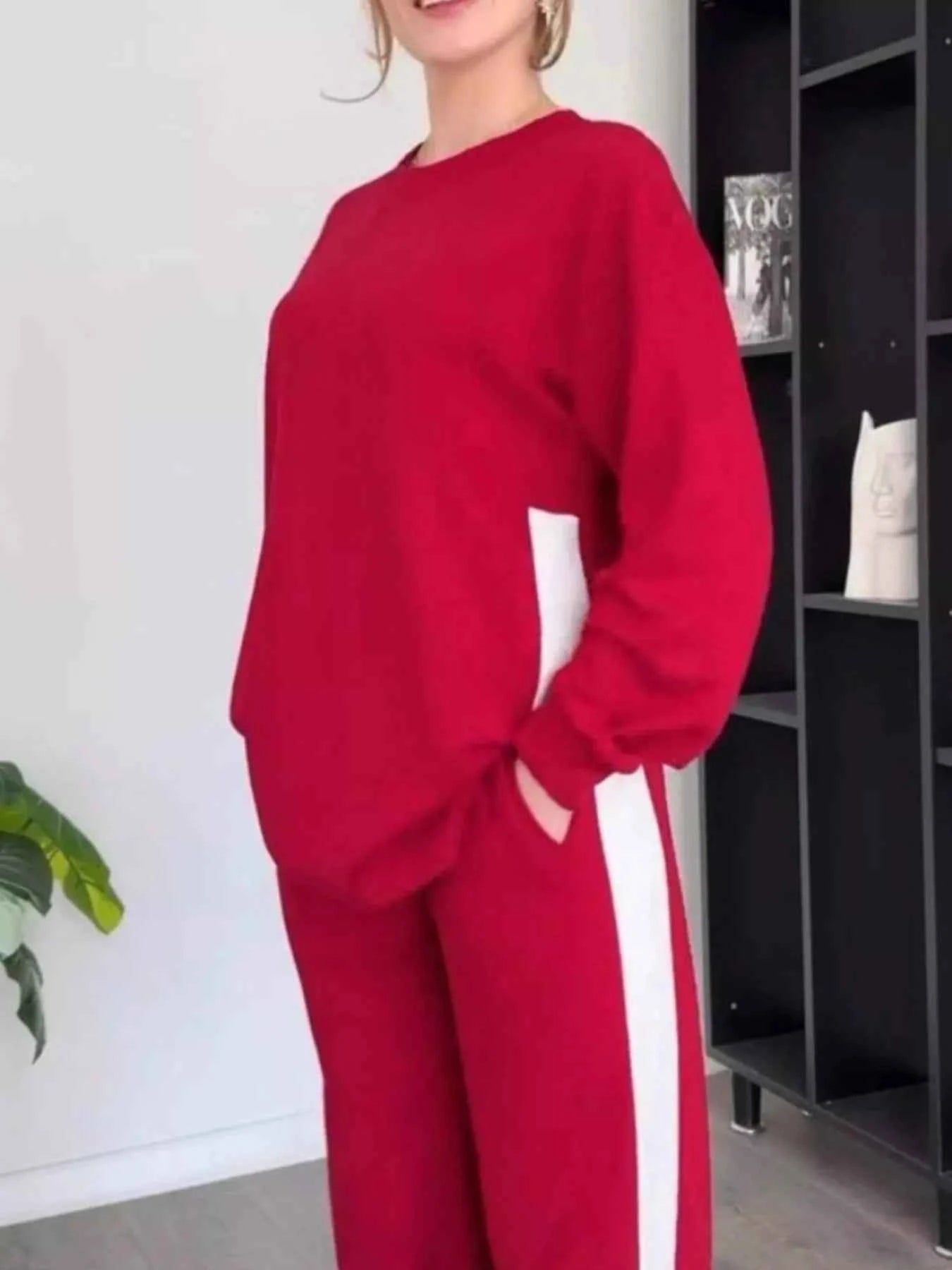 Full Size Contrast Round Neck Top and Pants Set Plus Size