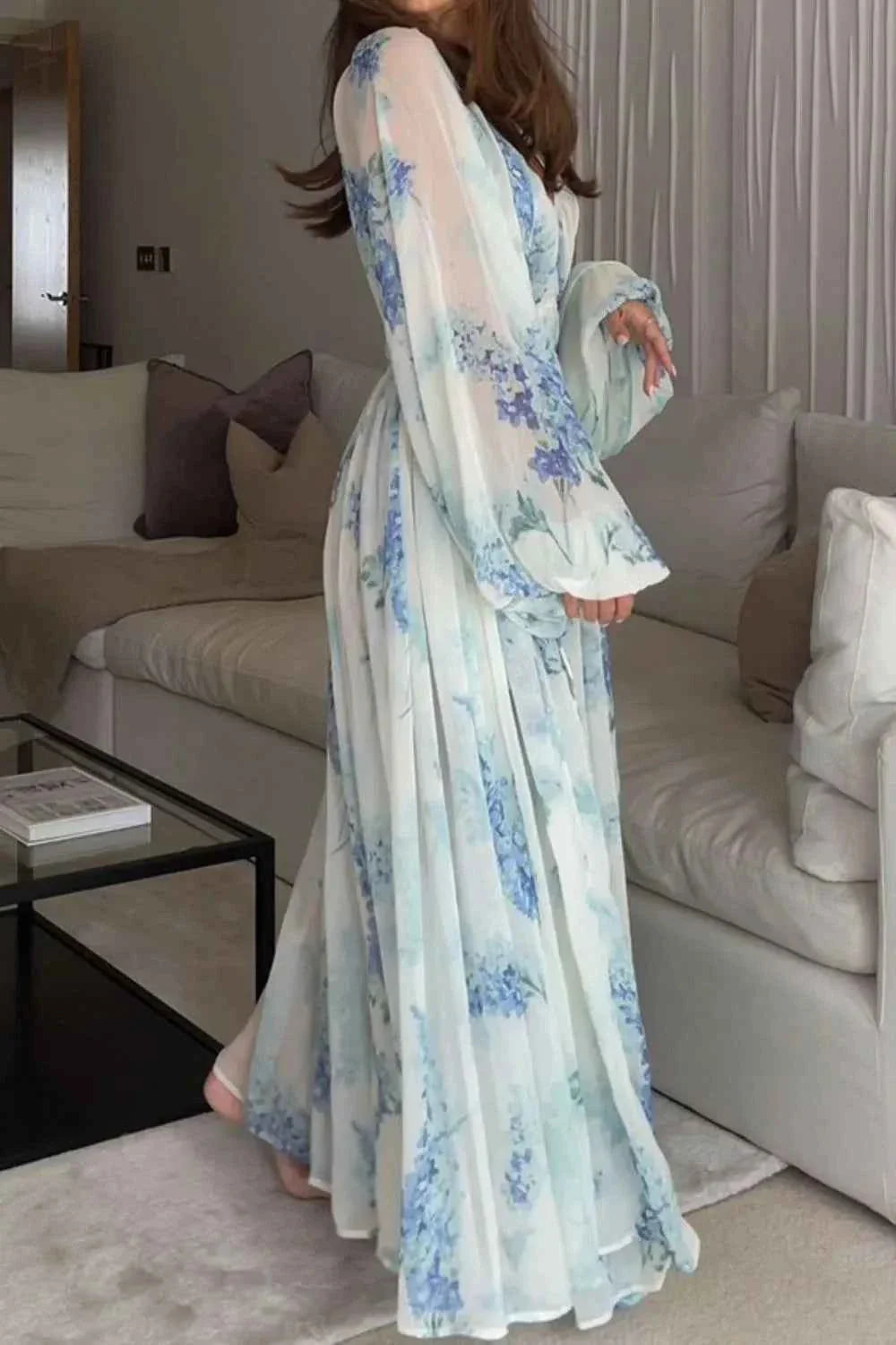 Floral Print Bohemian Maxi Dress with Balloon Sleeves