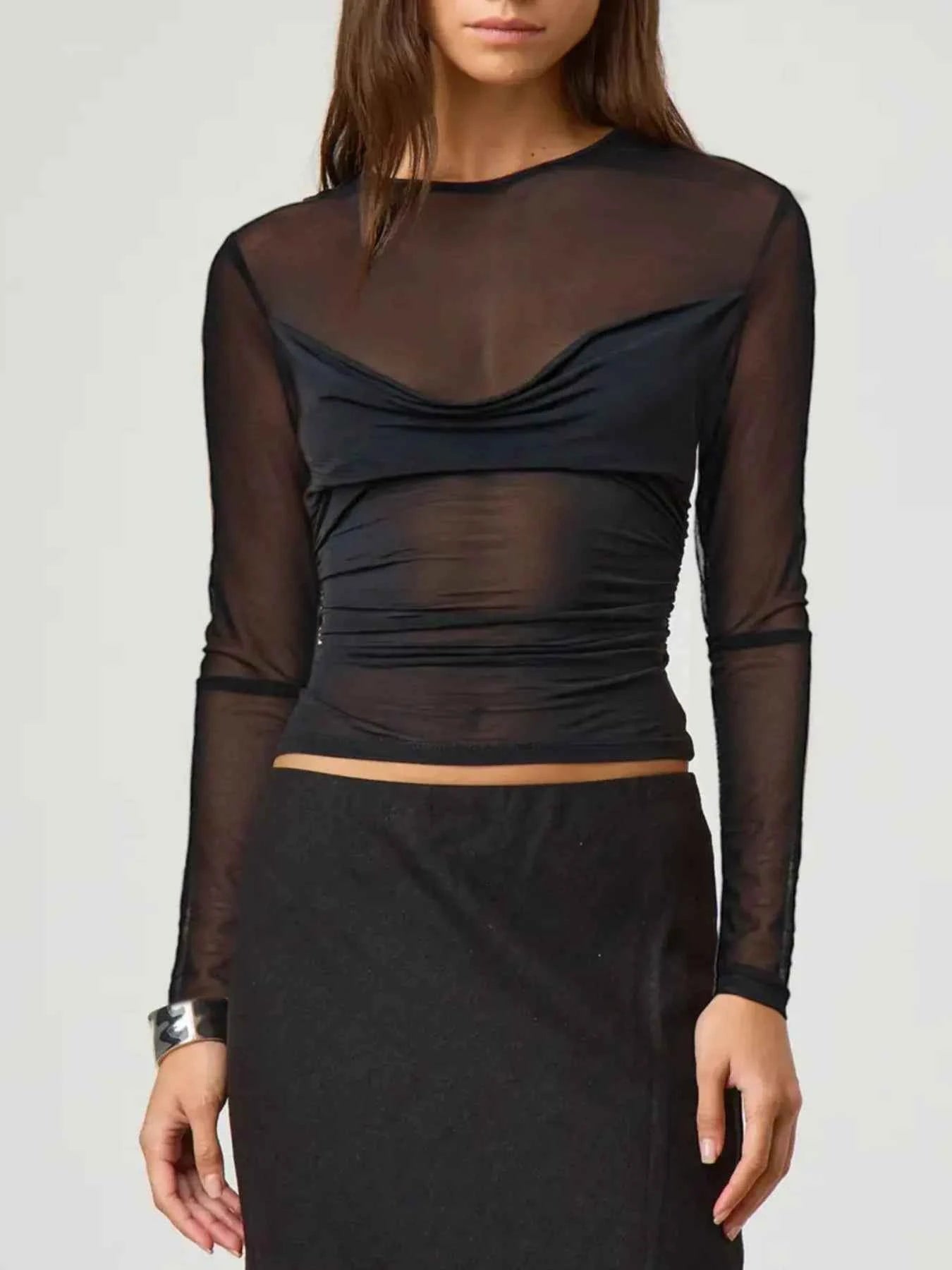 Ruched Mesh Long Sleeve Top