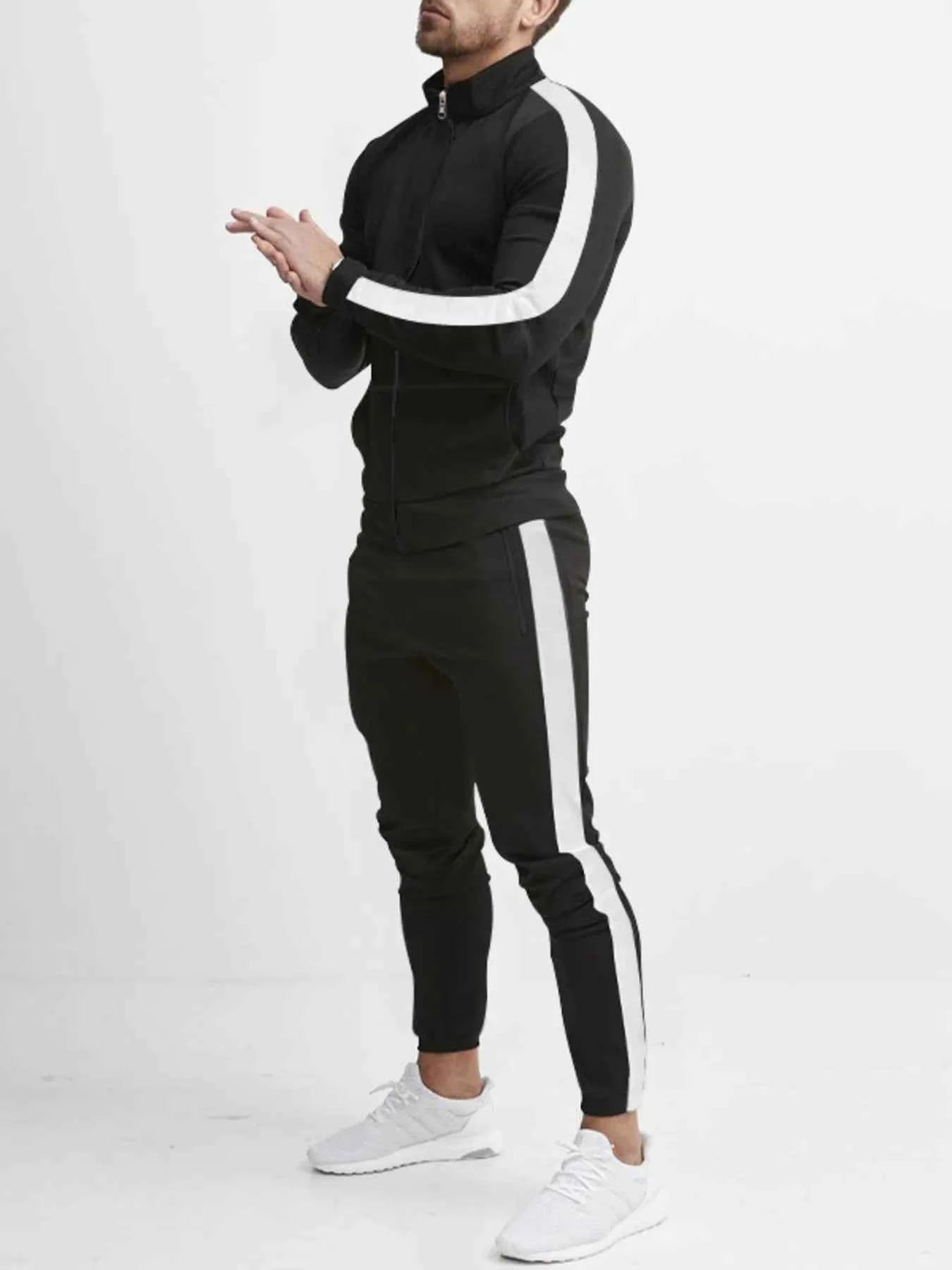Men's Full Size Side Stripes Zip Up Top and Pants Set Plus Size