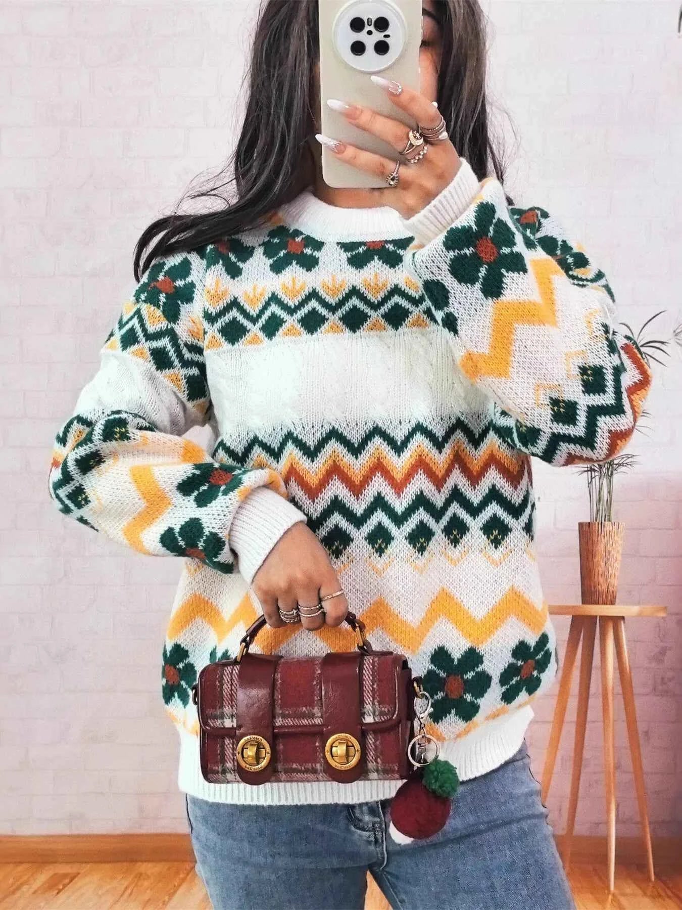 Geometric Round Neck Long Sleeve Sweater