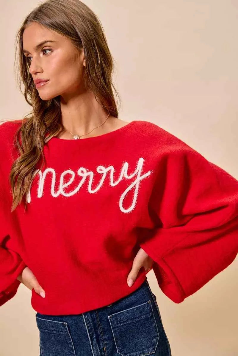 SO ME Merry Tinsel Lettering Christmas Sweater Top