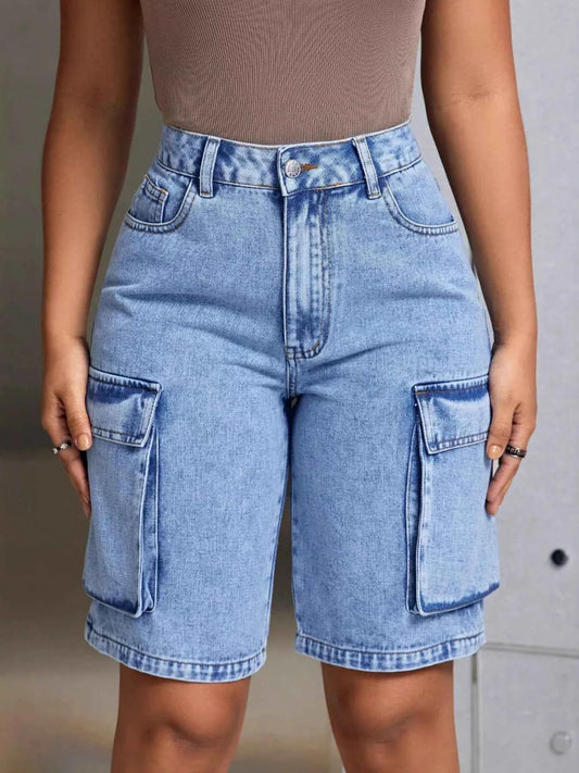 High-Waisted Cargo Denim Shorts