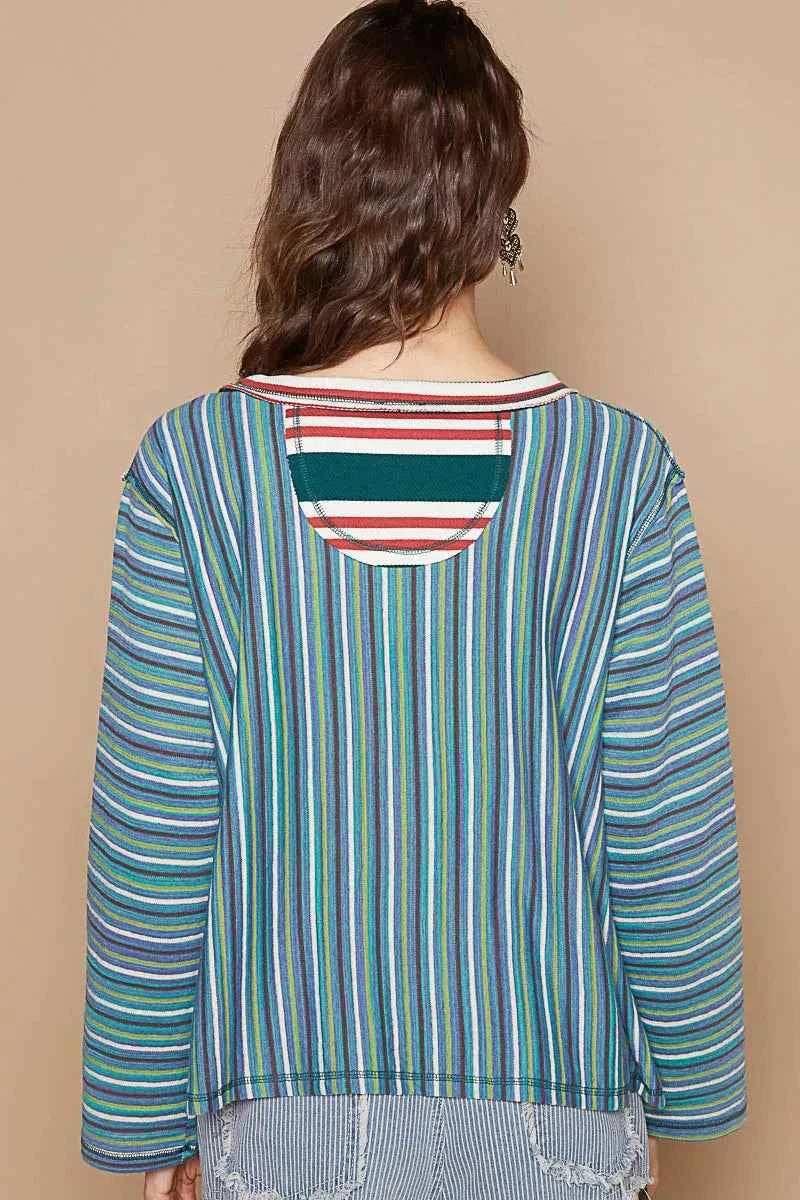 POL Color Block Striped Round Neck Long Sleeve T-Shirt