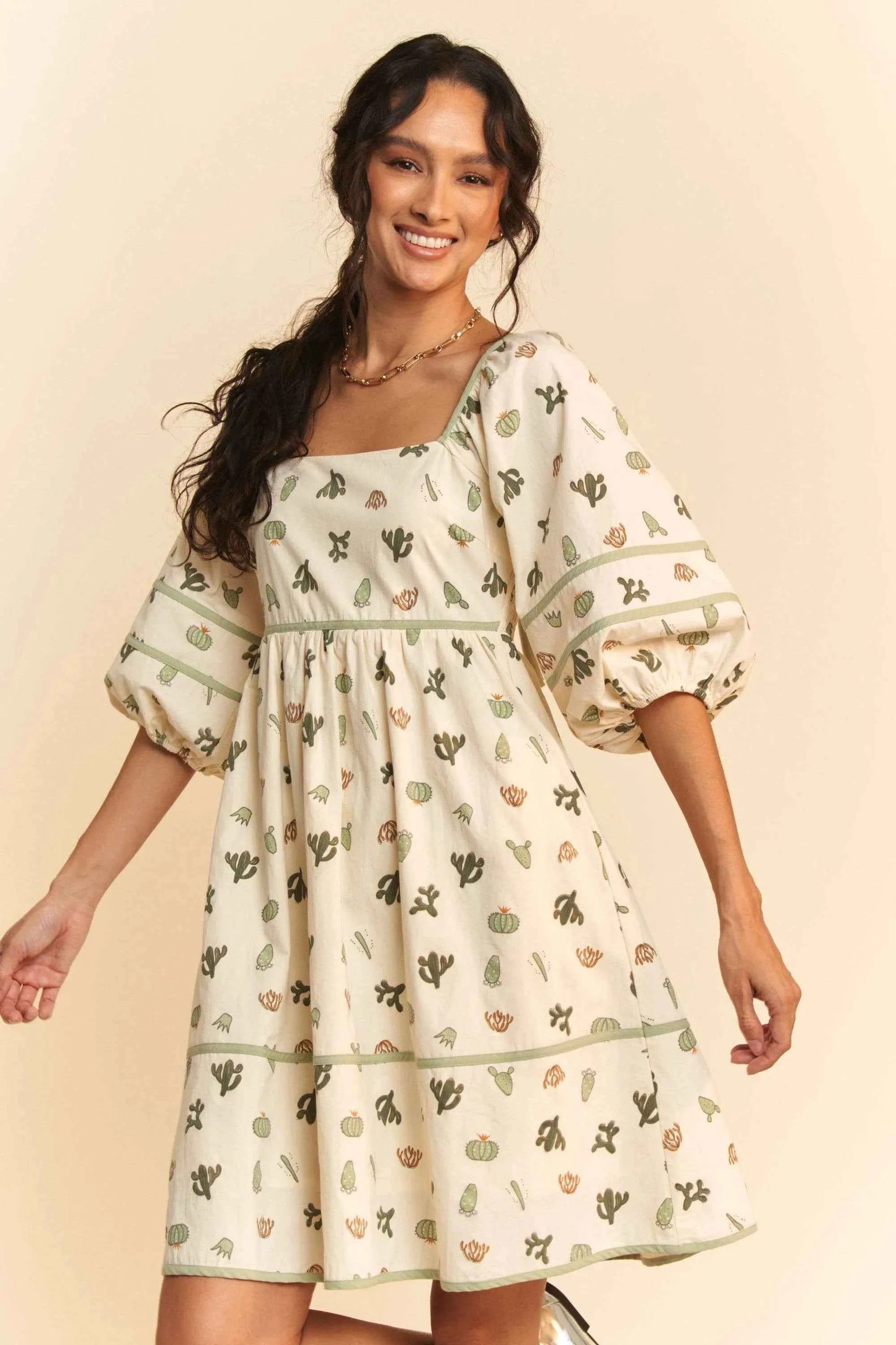 Davi & Dani Cactus Printed Poplin Contrast Piping Mini Dress