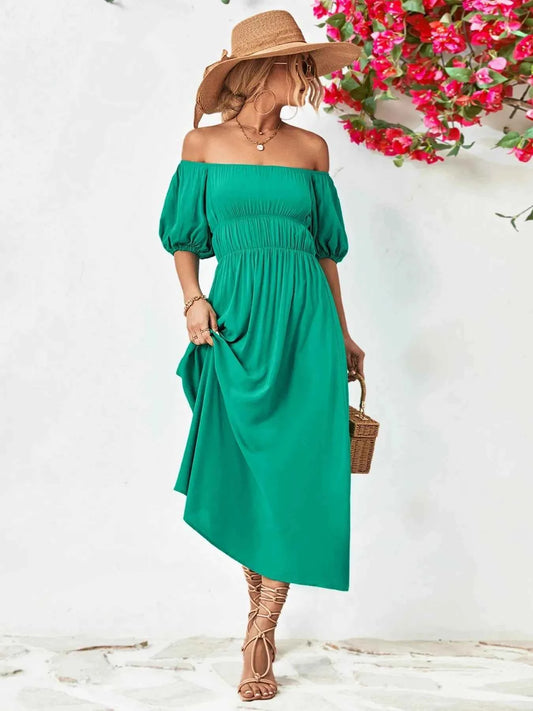 Off-Shoulder Puff Sleeve Smocked Maxi Dress