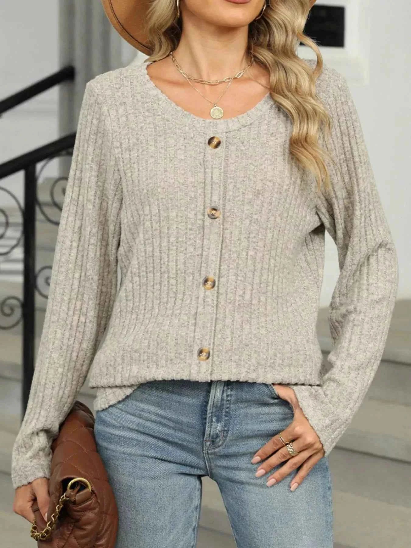 Ribbed Round Neck Long Sleeve Top