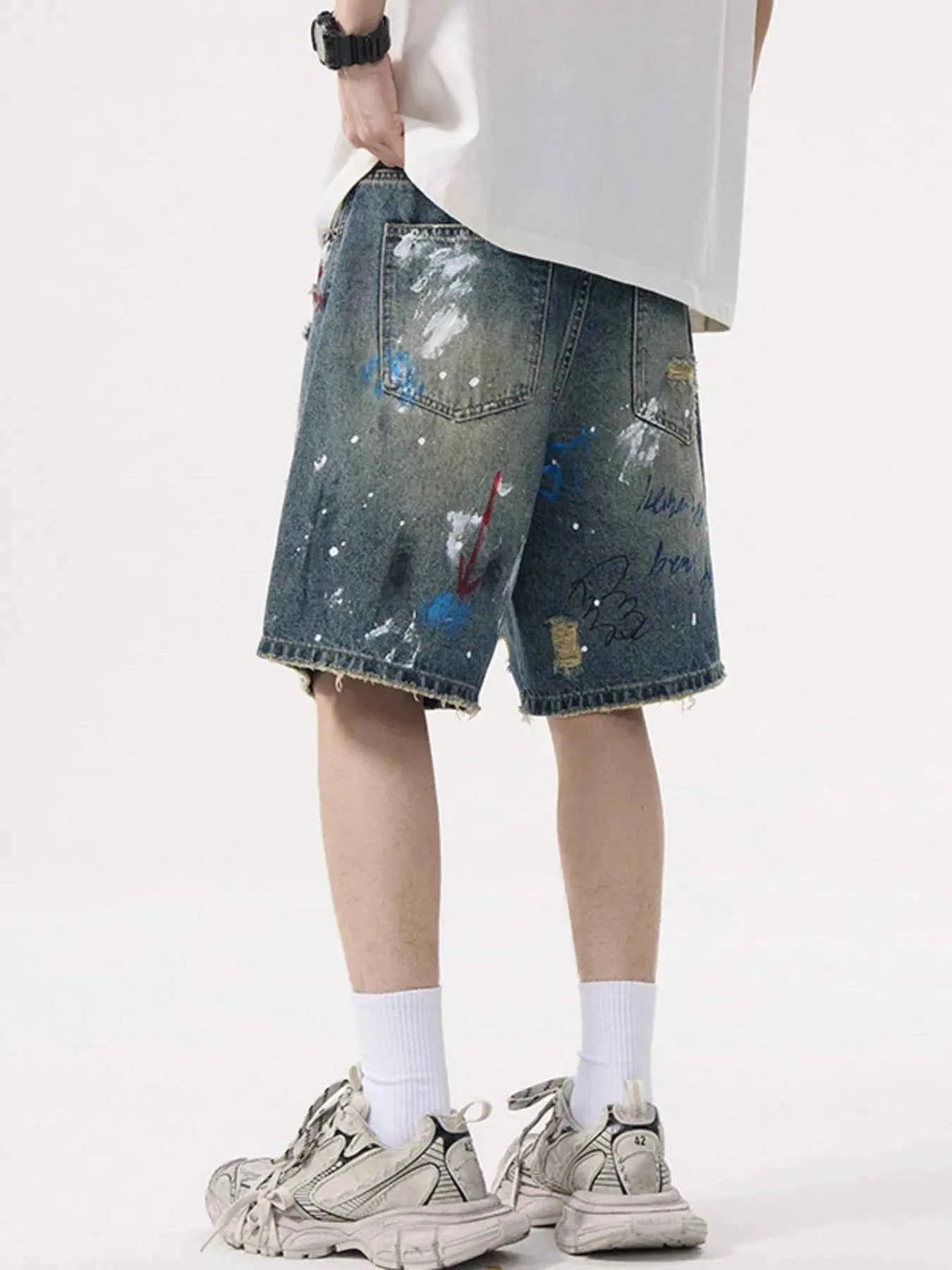 Men's Distressed Graffiti Denim Shorts