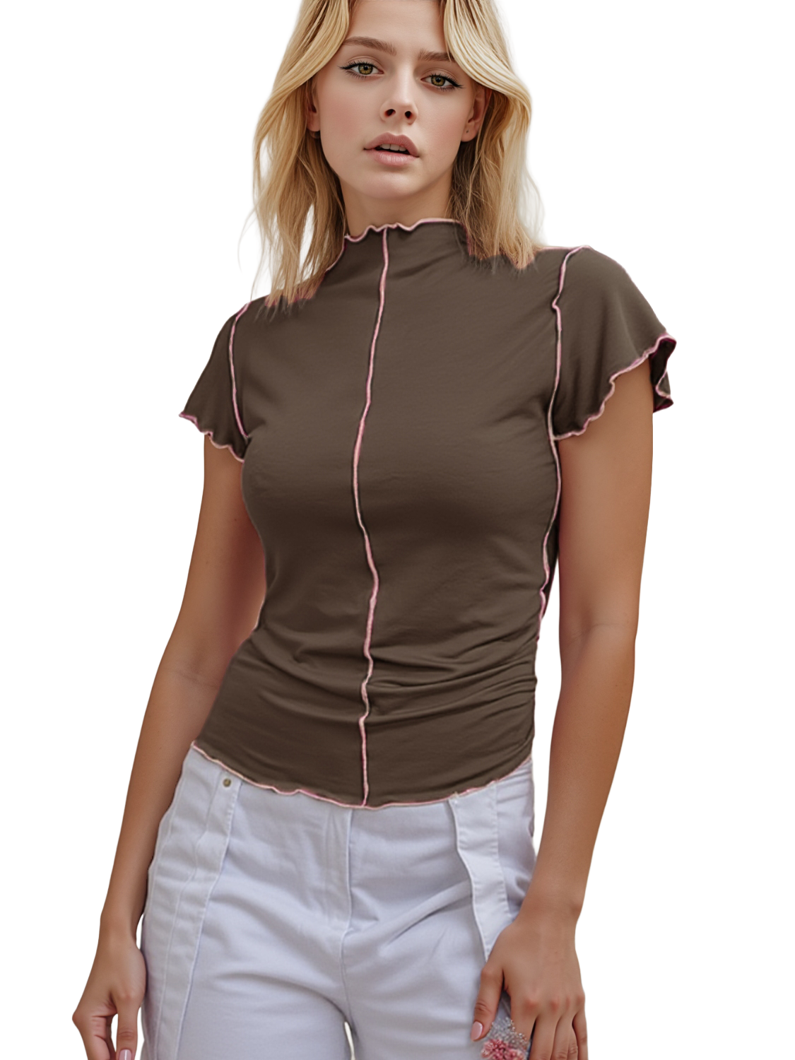 Basic Bae Contrast Trim Mock Neck Short Sleeve T-Shirt