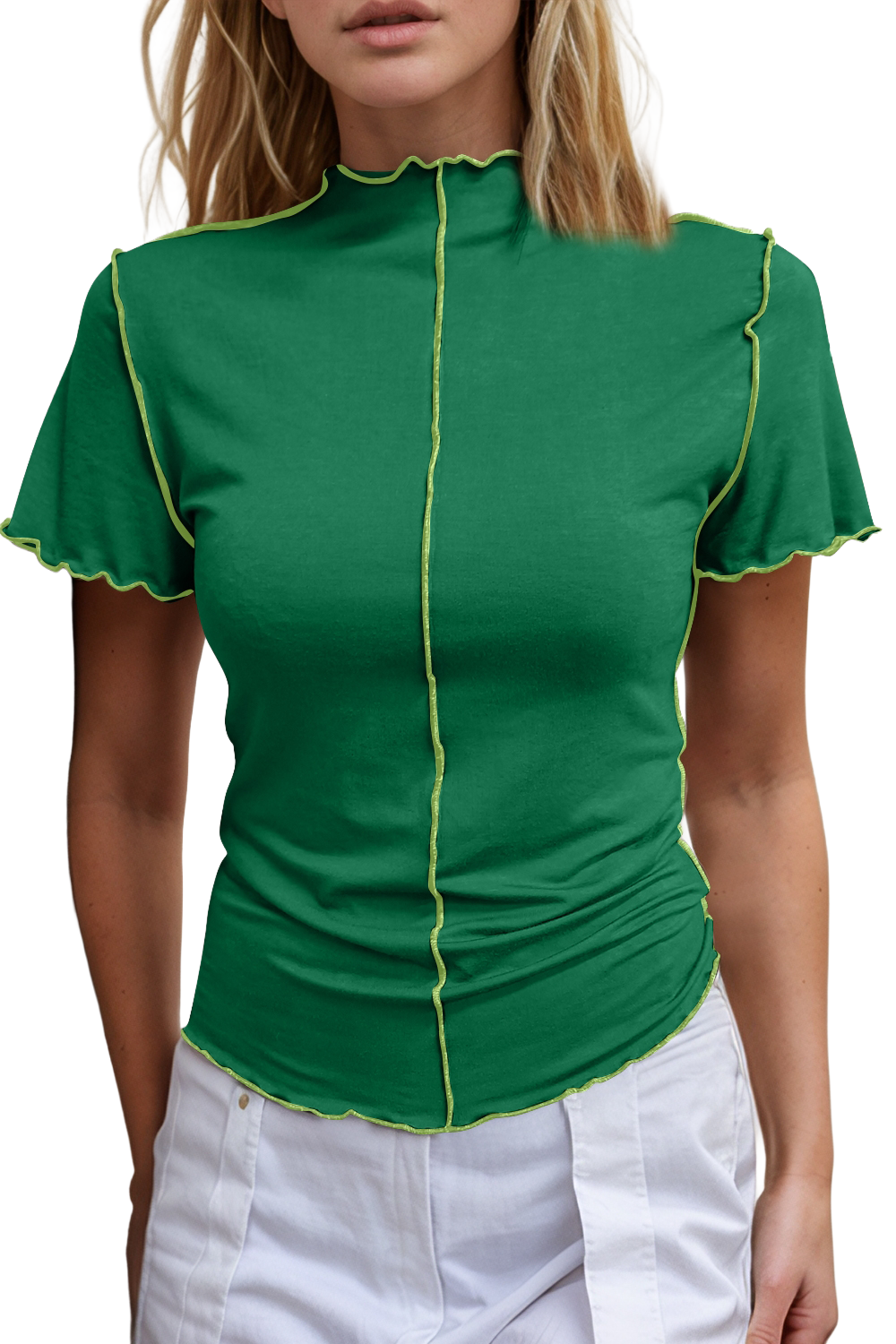 Basic Bae Contrast Trim Mock Neck Short Sleeve T-Shirt - SHOPHUES