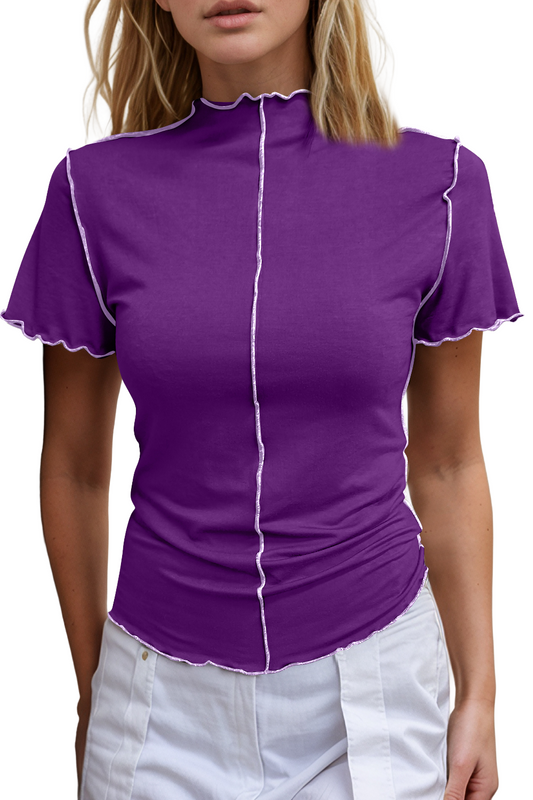 Basic Bae Contrast Trim Mock Neck Short Sleeve T-Shirt - SHOPHUES