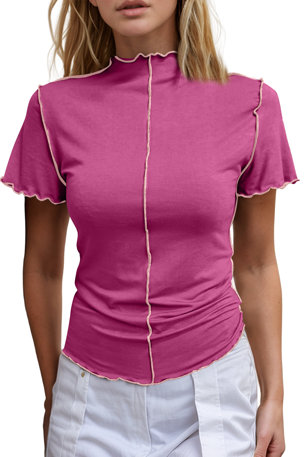 Basic Bae Contrast Trim Mock Neck Short Sleeve T-Shirt