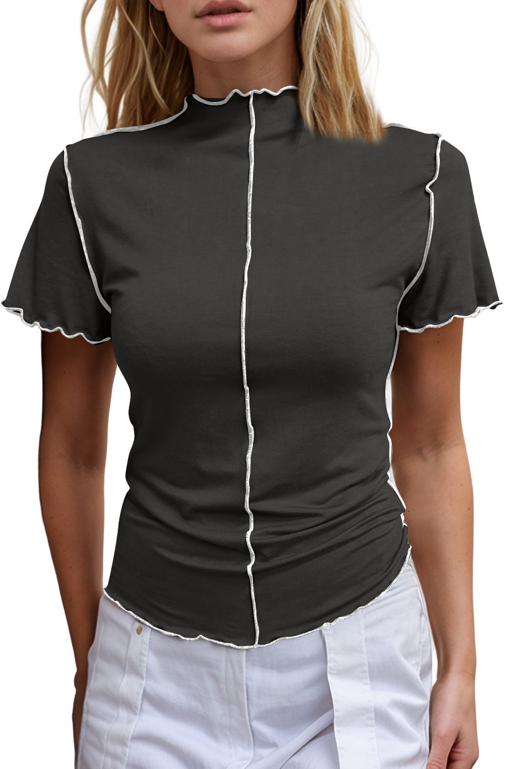 Basic Bae Contrast Trim Mock Neck Short Sleeve T-Shirt