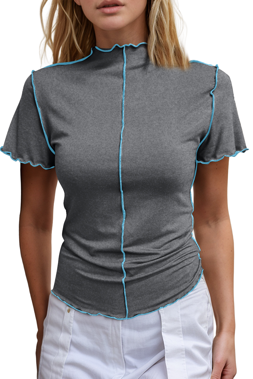 Basic Bae Contrast Trim Mock Neck Short Sleeve T-Shirt